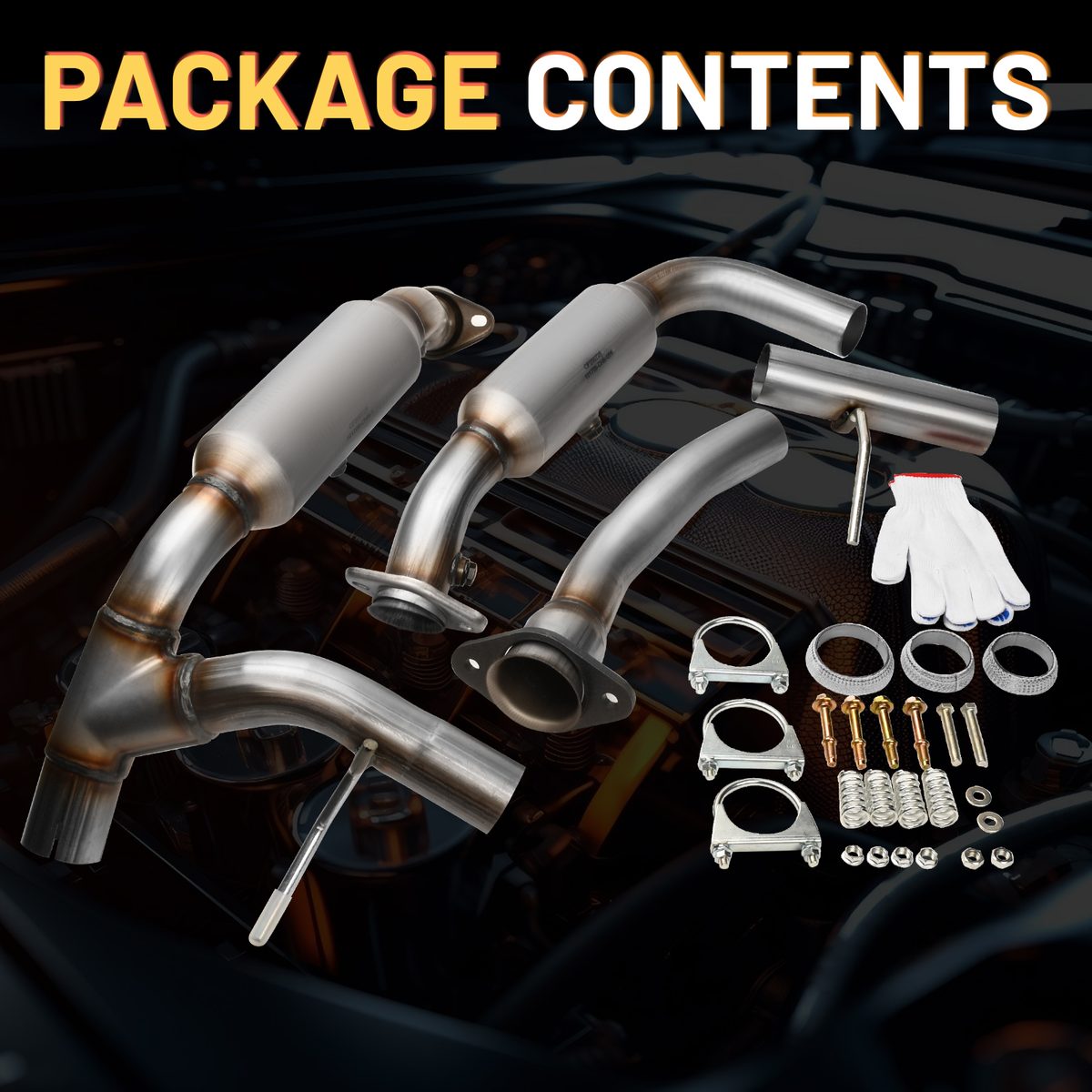 Package contents: y-pipe catalytic converter kit with clamps, gaskets, springs and hardware