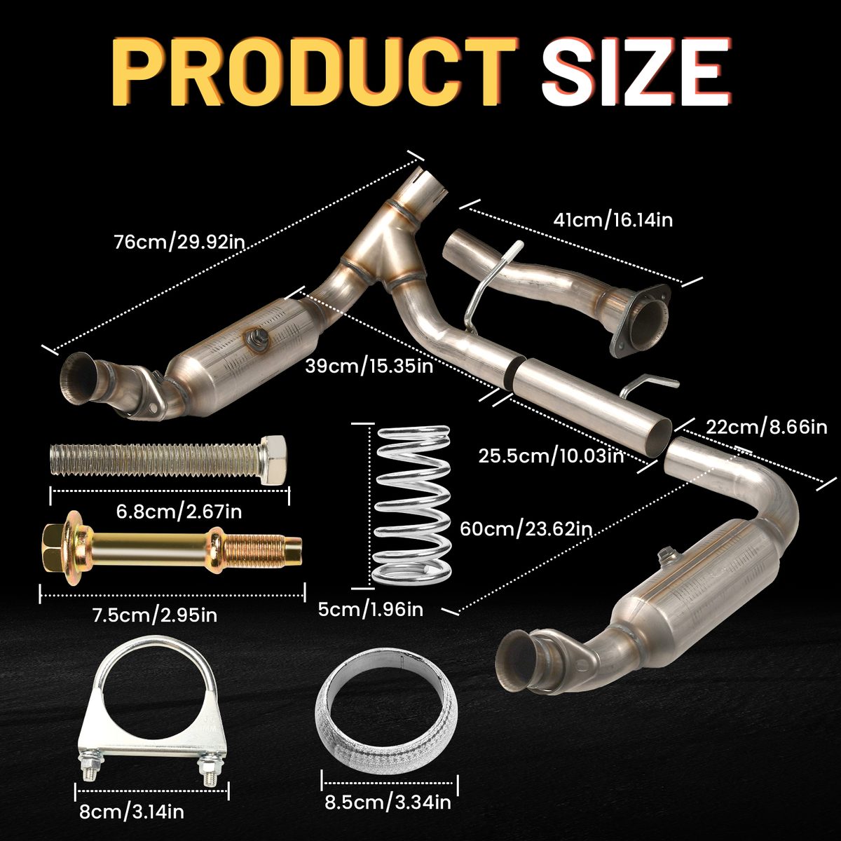 Product dimensions of the Ford F-150 y-pipe catalytic converter kit