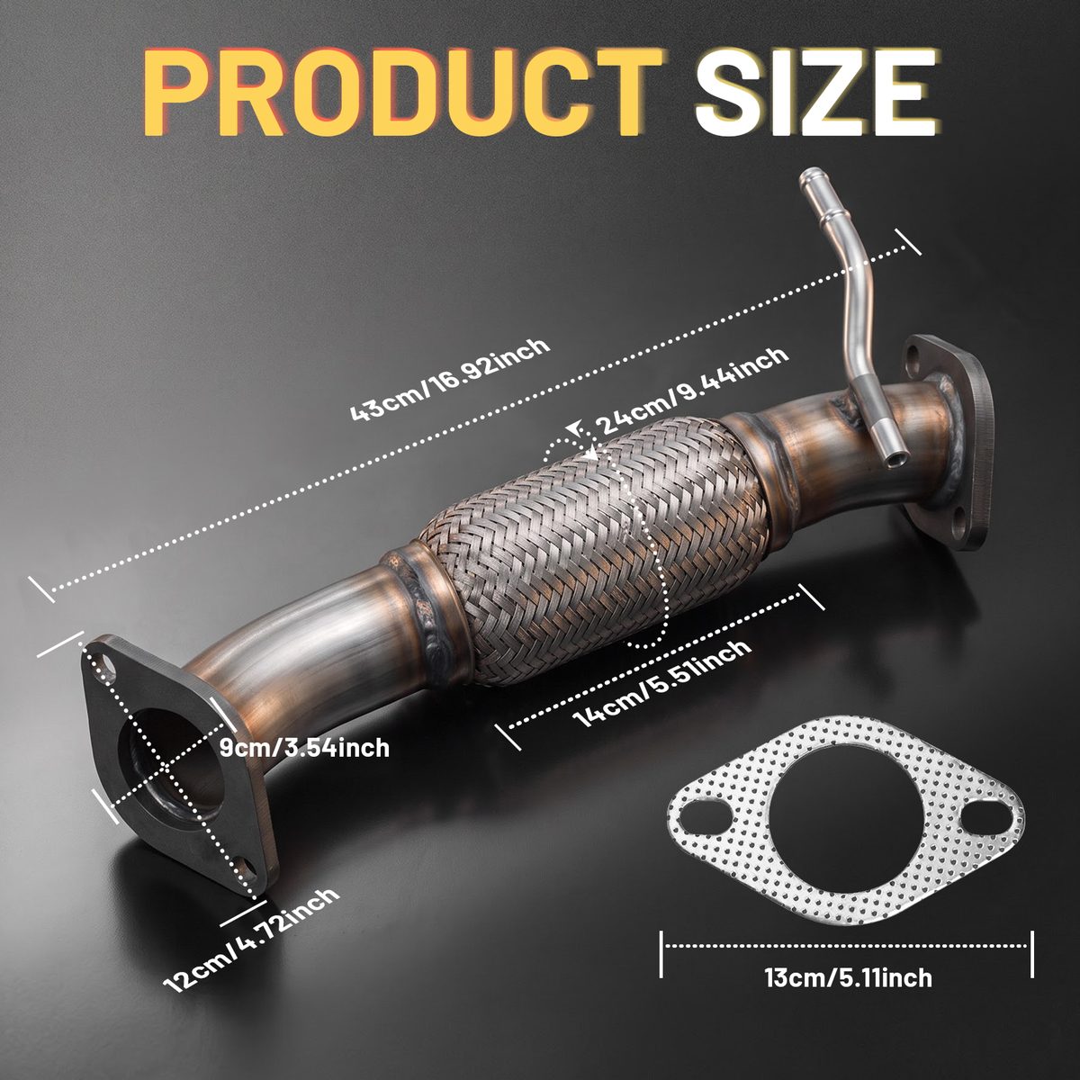 Product dimensions of the 28610-4R000 front flex pipe